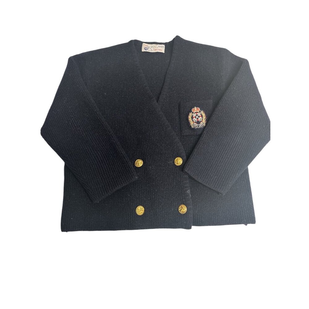 Vintage Saint James  Black Double-Breasted Wool Cardigan With Gold Buttons & Emb